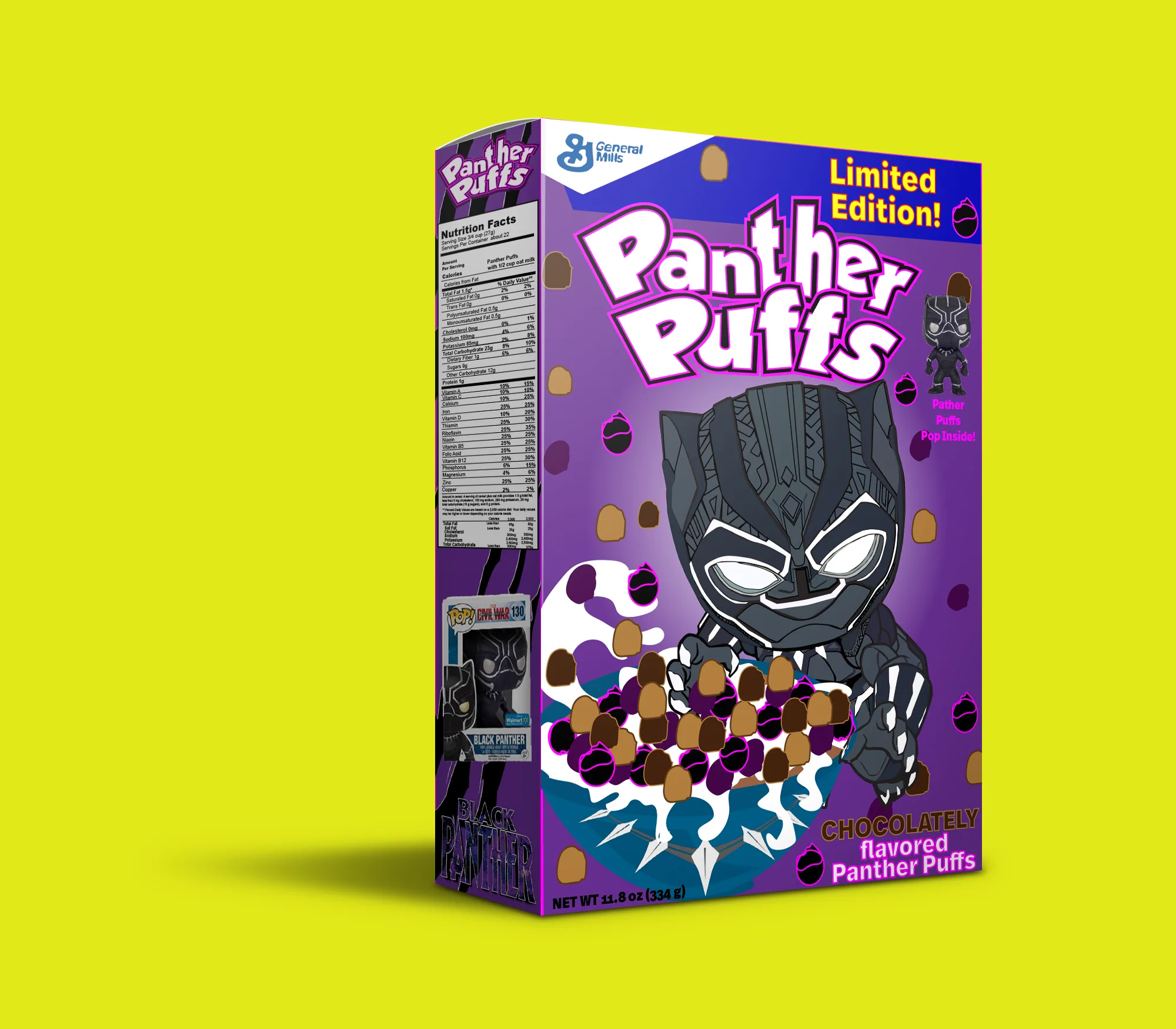 Panther Puffs limited edition cereal box package design